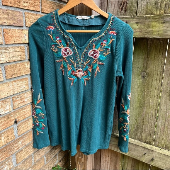 Soft Surroundings Tops - Soft Surroundings Teal Embroidered Floral Blouse